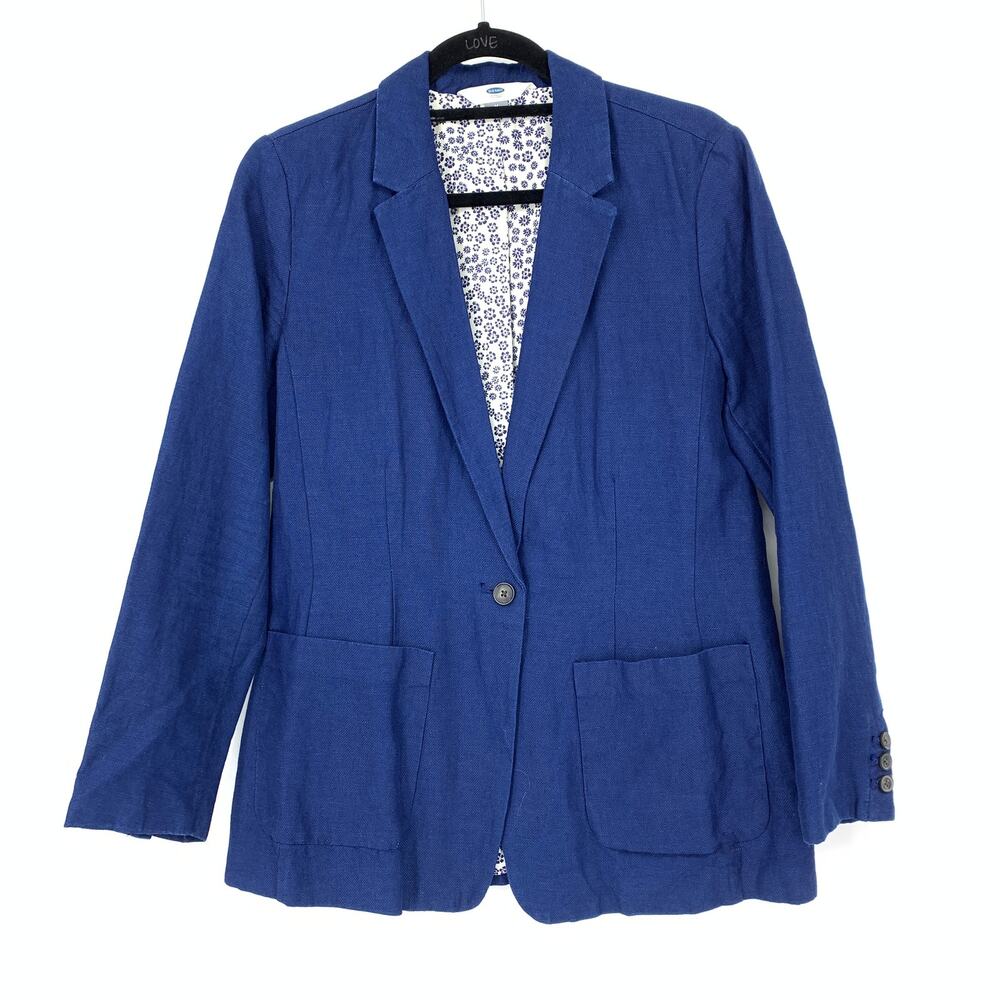 Old Navy Single Button Blazer Jacket Womens Size Medium Blue Linen Blend
